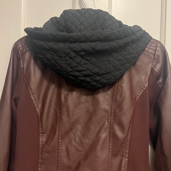Sebby brown faux leather biker jacket w/black quilted hood/vest size s - Picture 12 of 12